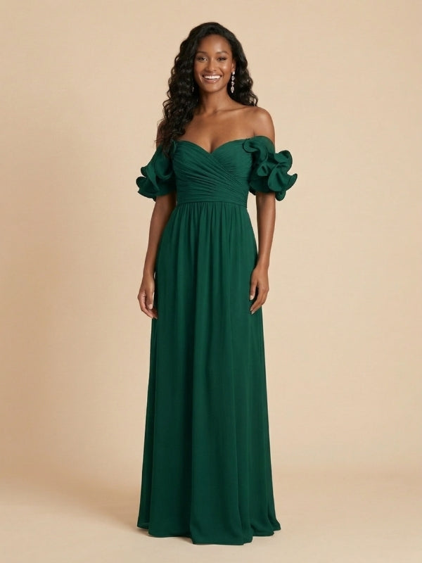Emerald Green Chiffon Off The Shoulder Ruffle Sleeve Bridesmaid Dress 26029