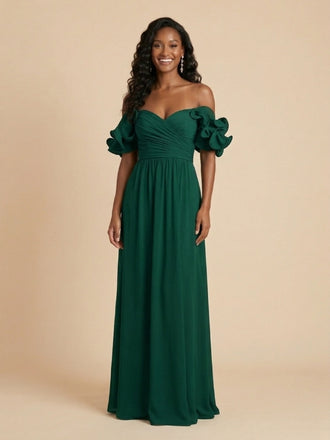 Emerald Green Chiffon Off The Shoulder Ruffle Sleeve Bridesmaid Dress 26029