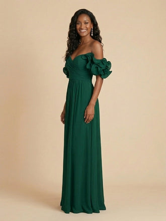 Emerald Green Chiffon Off The Shoulder Ruffle Sleeve Bridesmaid Dress 26029