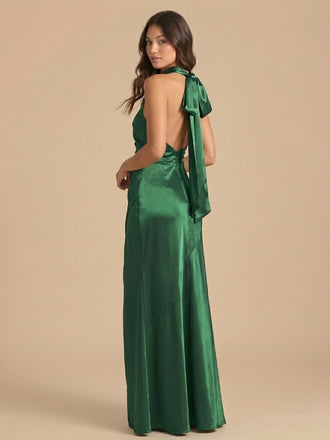 Emerald Green Satin Halter Ruched High Slit Bridesmaid Dress 26027