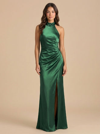 Emerald Green Satin Halter Ruched High Slit Bridesmaid Dress 26027