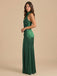 Emerald Green Satin Halter Ruched High Slit Bridesmaid Dress 26027