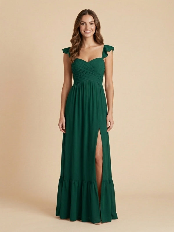 Emerald Green Chiffon Sweetheart Ruffle Strap High Slit Bridesmaid Dress 26028