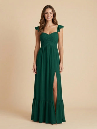 Emerald Green Chiffon Sweetheart Ruffle Strap High Slit Bridesmaid Dress 26028