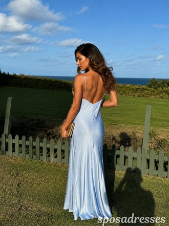 Light Blue Satin Deep V Neck Backless Spaghetti Strap Wedding Guest Dress 26062