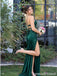 Emerald Green Satin Lace Corset High Slit Prom Dress PD26001