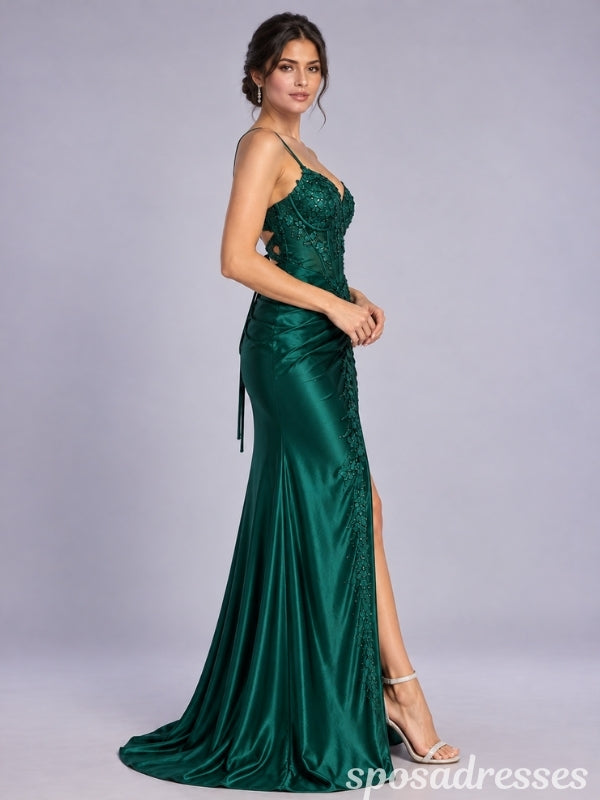 Emerald Green Satin Lace Corset High Slit Prom Dress PD26001