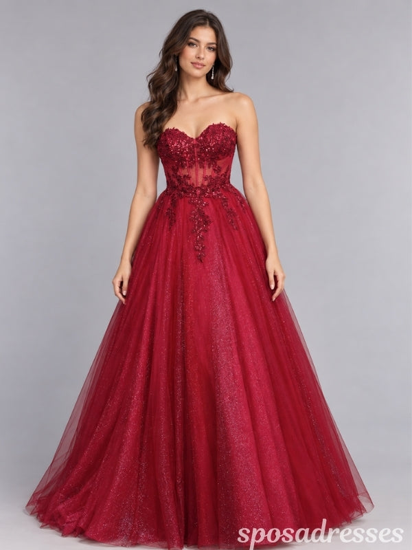 Burgundy Glitter Tulle Strapless Beaded Lace Corset A Line Prom Dress PD26002