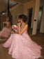 Pink Sequin Patterned Spaghetti Straps Lace Up A Line Prom Dress PD26004