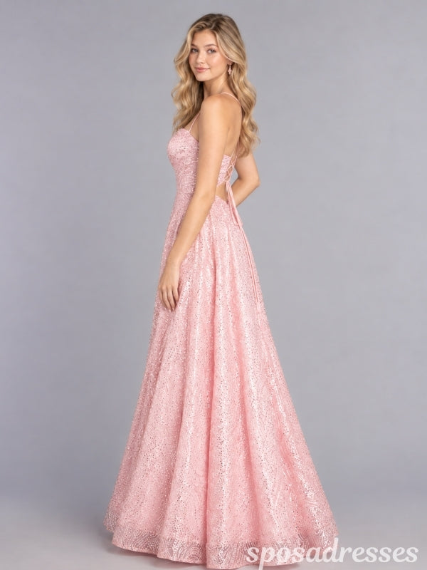 Pink Sequin Patterned Spaghetti Straps Lace Up A Line Prom Dress PD26004