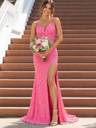 Hot Pink Sequin High Slit Open Back Fitted Prom Dress PD26005