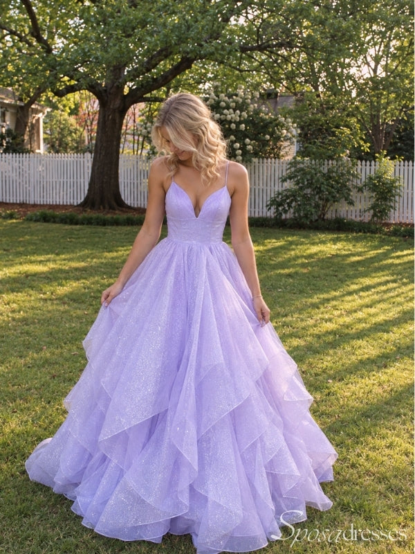 Lilac Lavender Glitter Tulle V Neck Tiered Ruffle Ball Gown Prom Dress PD26015