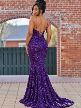 Dark Purple Sequin V Neck Lace Up Mermaid Prom Dress PD26017