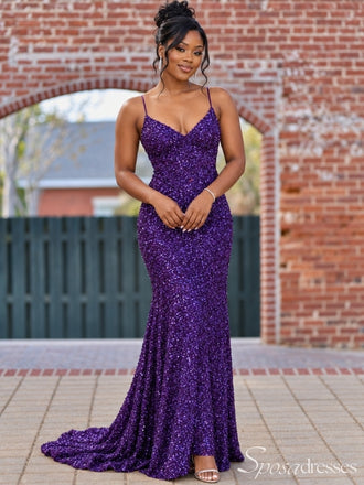 Dark Purple Sequin V Neck Lace Up Mermaid Prom Dress PD26017