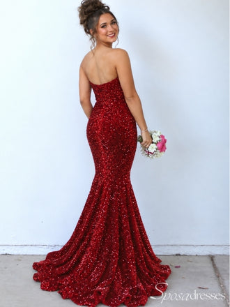 Red Sequin Strapless Sweetheart Mermaid Prom Dress PD26018