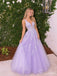 Lilac Floral Lace Glitter Tulle V Neck A Line Prom Dress PD26020