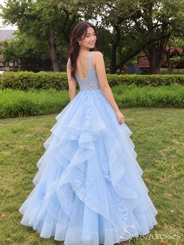 Light Blue Tiered Ruffle Lace Applique V Neck Ball Gown Prom Dress PD26021