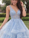 Light Blue Tiered Ruffle Lace Applique V Neck Ball Gown Prom Dress PD26021