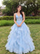Light Blue Tiered Ruffle Lace Applique V Neck Ball Gown Prom Dress PD26021