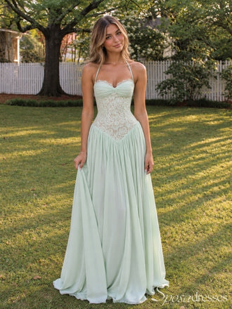 Sage Green Lace Corset Halter Neck Chiffon A Line Prom Dress PD26022