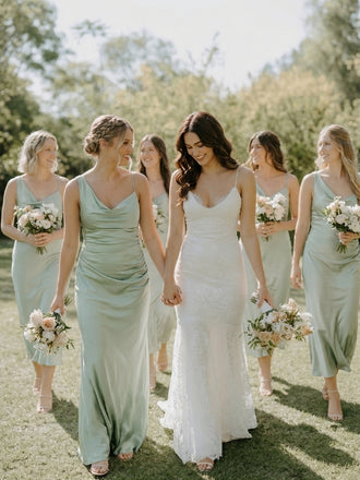 Sage Green Satin Asymmetrical Cowl Neck Ruched Bridesmaid Dress 26035