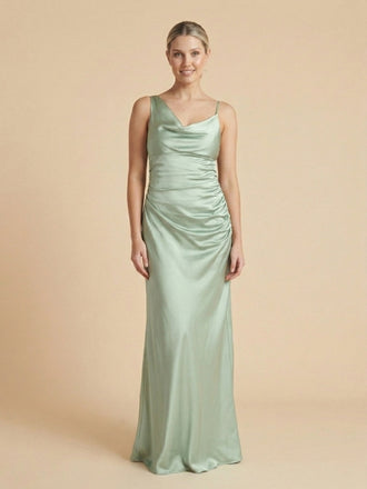 Sage Green Satin Asymmetrical Cowl Neck Ruched Bridesmaid Dress 26035