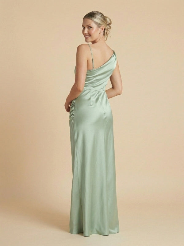 Sage Green Satin Asymmetrical Cowl Neck Ruched Bridesmaid Dress 26035