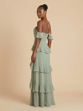 Sage Green Chiffon Off The Shoulder Tiered Ruffle Bridesmaid Dress 26031