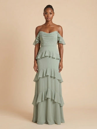 Sage Green Chiffon Off The Shoulder Tiered Ruffle Bridesmaid Dress 26031