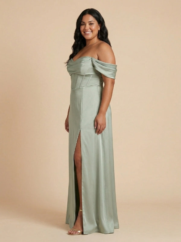 Sage Green Satin Off The Shoulder Corset High Slit Bridesmaid Dress 26030