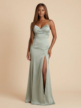 Sage Green Bridesmaid Dress Satin Spaghetti Strap Twist Front High Slit 26025