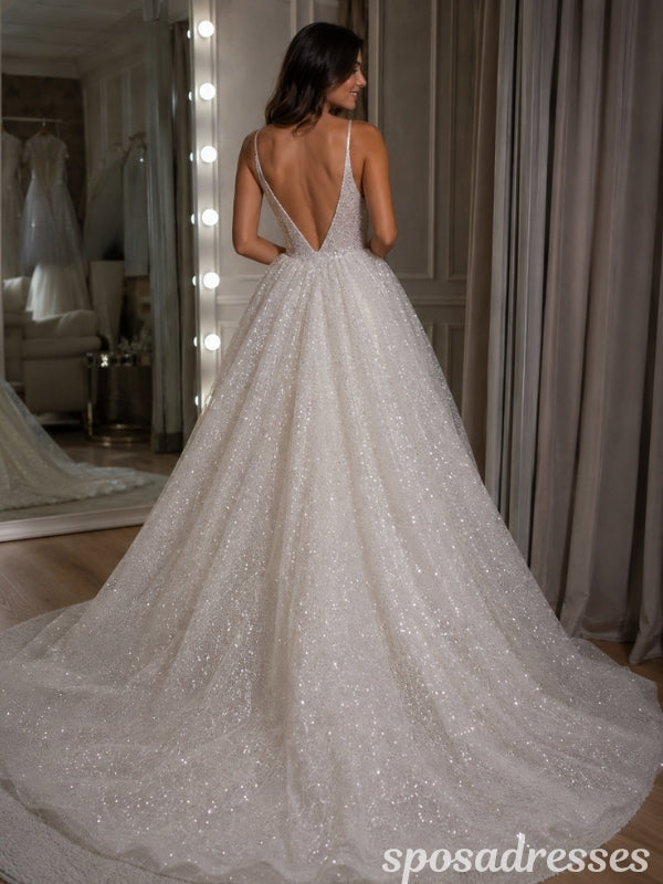 Sparkly Embellished Tulle A-Line Wedding Dress with Deep V Neckline WD26001