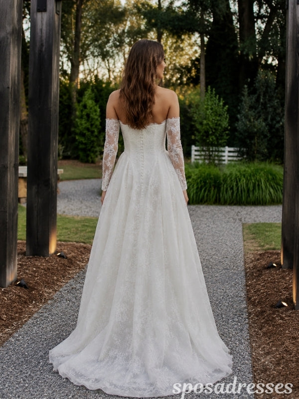 Ivory Lace Strapless Long Sleeves Basque Waist A Line Wedding Dress WD26008