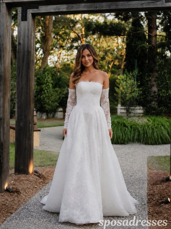 Ivory Lace Strapless Long Sleeves Basque Waist A Line Wedding Dress WD26008