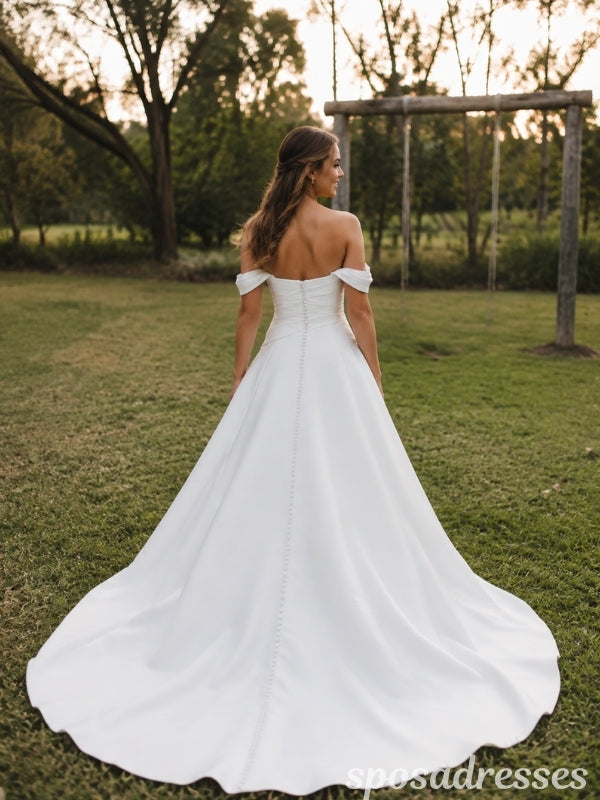 Ivory Satin Off the Shoulder Ruched Bodice A Line Wedding Dress WD26009