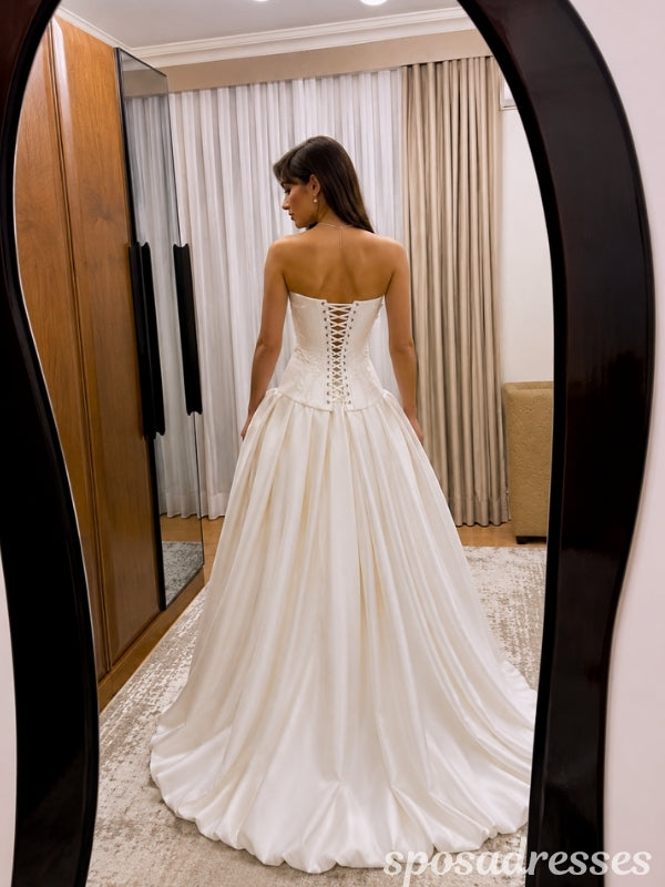 Ivory Satin Strapless Embroidered Basque Waist Ball Gown Wedding Dress WD26010