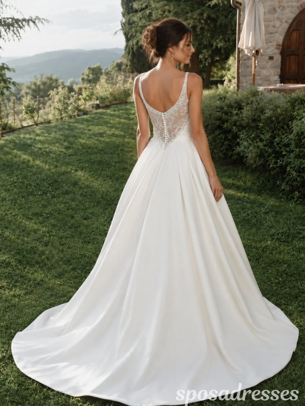 Ivory Satin Beaded V Neck Illusion Lace Back A Line Wedding Dress WD26011