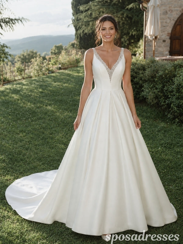 Ivory Satin Beaded V Neck Illusion Lace Back A Line Wedding Dress WD26011