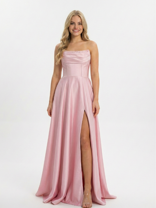 Ethereal Blush Satin Prom Dress Strapless Draped Corset A-Line Gown with Slit, 26006
