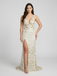 Ivory Gold Sequin Plunge Open Back High Slit Prom Dress, 26023