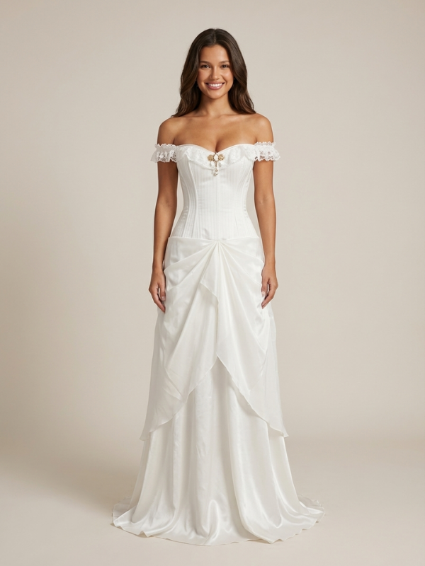 White Chiffon Overlay Satin Prom Dress Off Shoulder A-Line Corset Gown, 26015