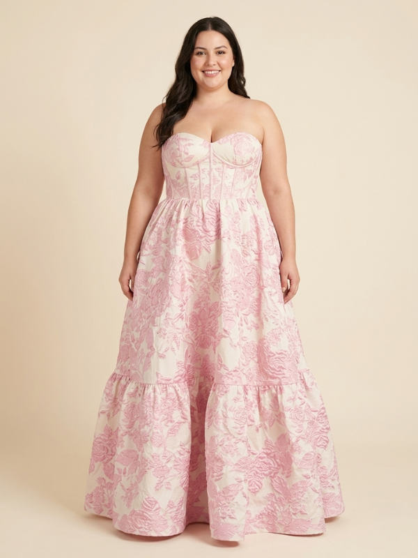 Floral Jacquard Strapless Sweetheart Sheer Corset A Line Prom Dress, 26020