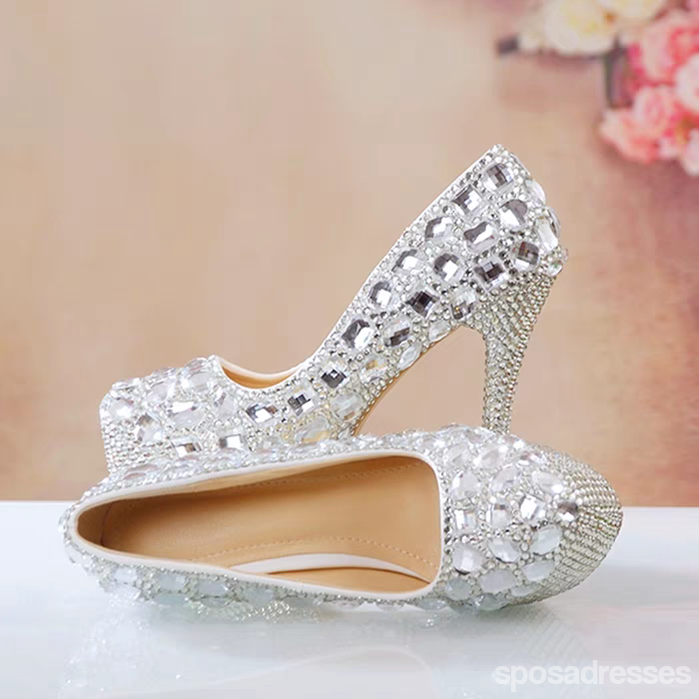 Women's Wedding Shoes Decorative Silver Wedding Heels Bridal Shoes With Beading, H86