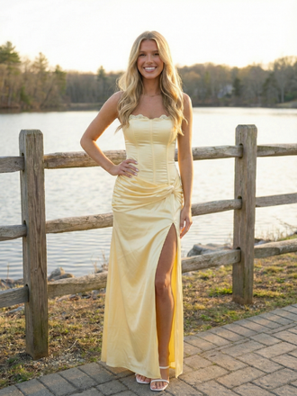 Iconic Butter Yellow Satin Prom Dress, Lace Trim Corset Gown with Slit, 26007