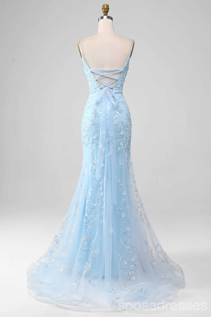 Floral Blue Mermaid Spaghetti Straps Maxi Long Party Prom Dresses,Evening Dress,13489