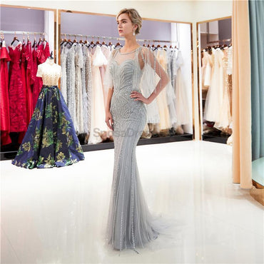 Silver Rhinestone Beaded Mermaid Evening Prom Dresses, Evening Party Prom Dresses, 12031