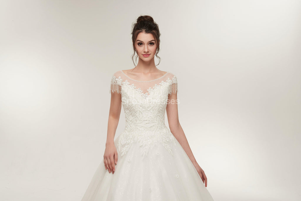 Scoop Cap Sleeves Lace A-line Cheap Wedding Dresses Online, Unique Bridal Dresses, WD570