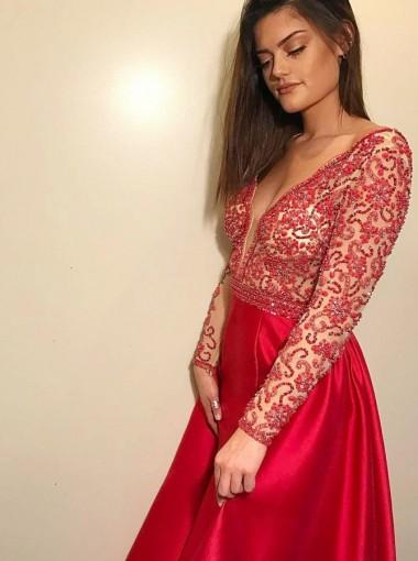 Sexy Backless Long Sleeves Beaded V Neck A-line Long Evening Prom Dresses, 17638
