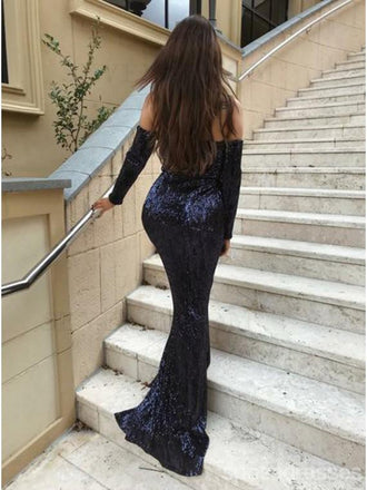 Sexy Blue Mermaid Long Sleeves Off Shoulder V-neck Cheap Prom Dresses Online,12616