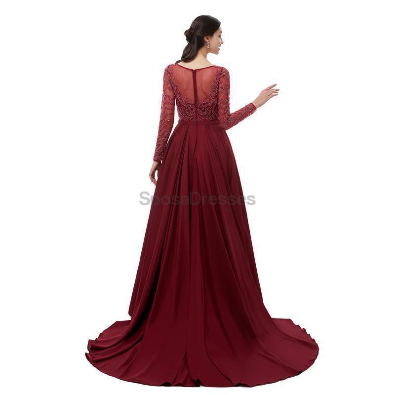 Vestidos de fiesta de noche de mangas largas con cuentas rojas oscuras, vestidos de fiesta de noche, 12100